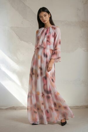 שמלת שיפון הדפס ורוד כתום